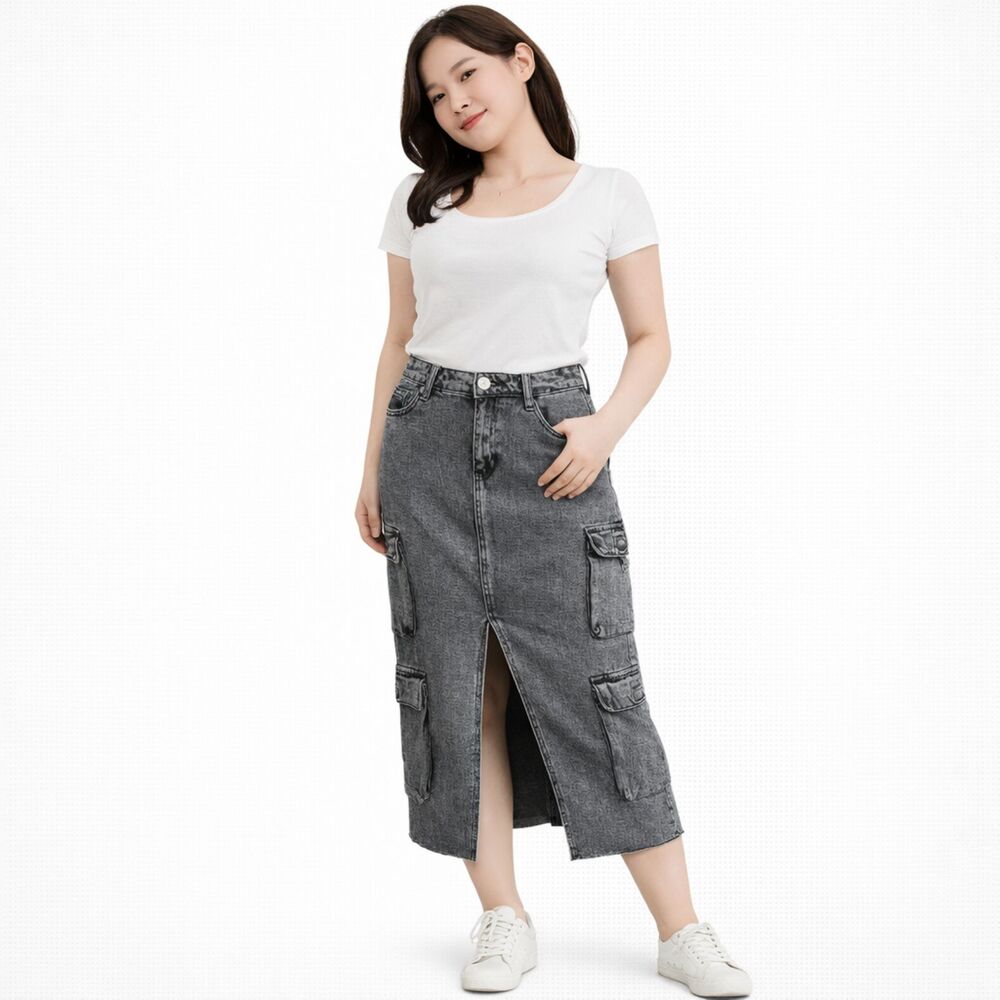 True Religion Vintage Cargo Midi Slit Skirt Utility Charcoal 27
